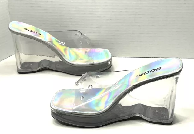 Soda Vintage Acrylic Heels Clear Wedge Rhinestone Sandals Women’s Size 7.5 US