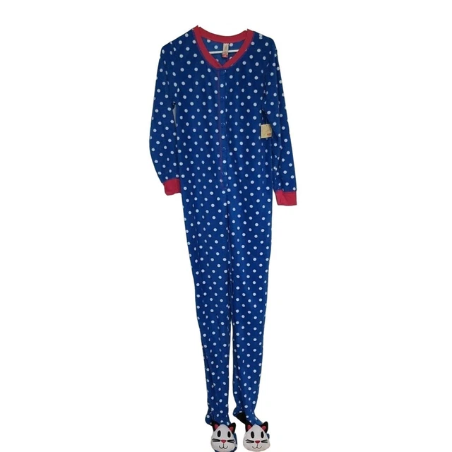 Footed Pajamas Cats Kittens Blue Polka Dot One Piece MicroFleece Juniors Med 7-9