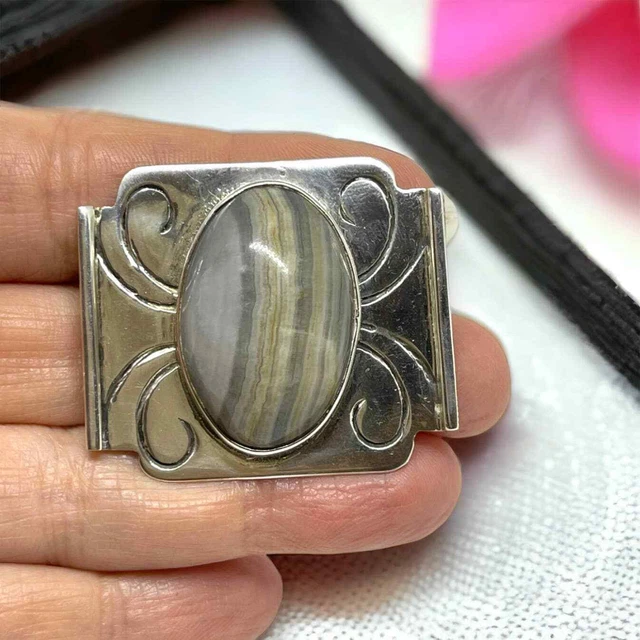 Ethnic Mexican Blue Lace Agate Etched 925 Sterling Silver Brooch Pin, 27.4g
