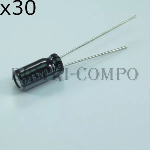 Condensateur 0.47µF 63V électrolytique 11x6mm RM1.27 105° Samsung (lot de 30)