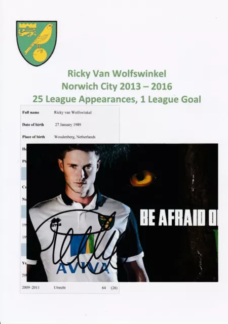 Ricky Van Wolfswinkel Norwich City 2013-2016 Fotografia Originale Firmata A Mano