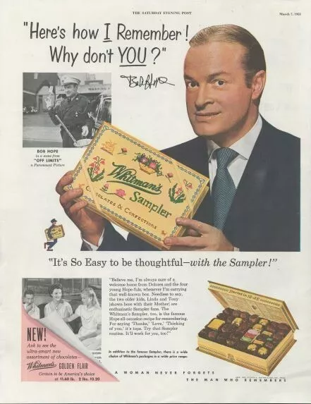 1953 Whitman's Sampler Chocolates Bob Hope It's So Easy Be Thoughtful Print Ad