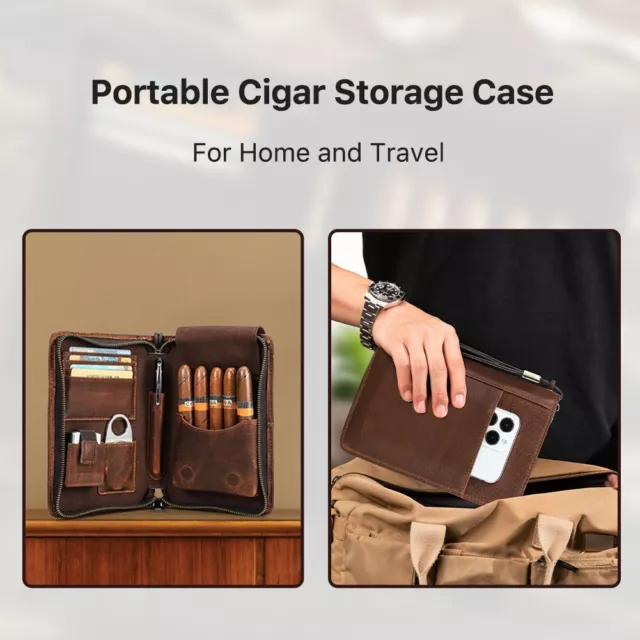 Cigar Case For 5 Cigar Leather Humidor Box With Cutter Lighter Slot 4 Card Slots 2