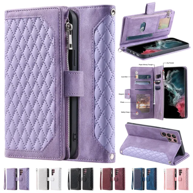 For Samsung Galaxy S24 Ultra S23 S22 S21 Plus S20 FE Zipper Leather Wallet Case