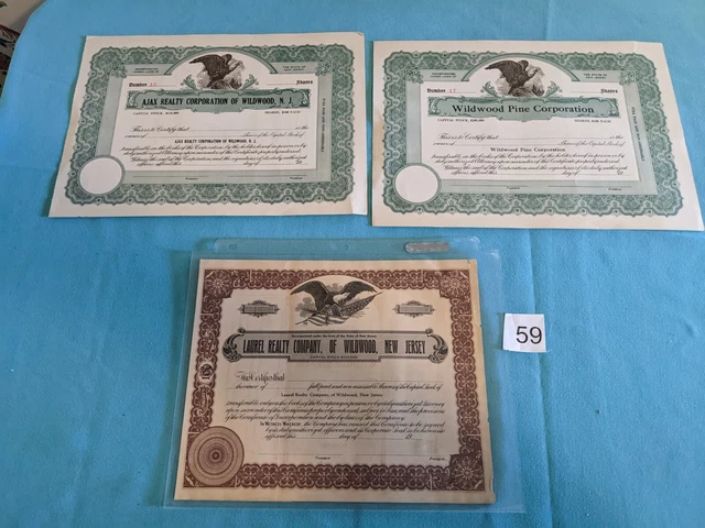 Vintage Stock Certificate Lot 3 Wildwood New Jersey NJ Great Framed #59