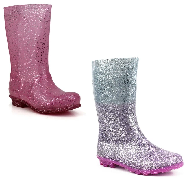 Kids Girls Glitter Wellies Waterproof Rain Youth Wellington Boots Size UK 10-3