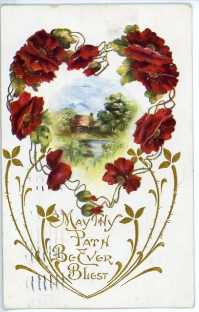 Vintage Postcard Valentine "May Thy Path Be Ever Blest"  Purple Flowers