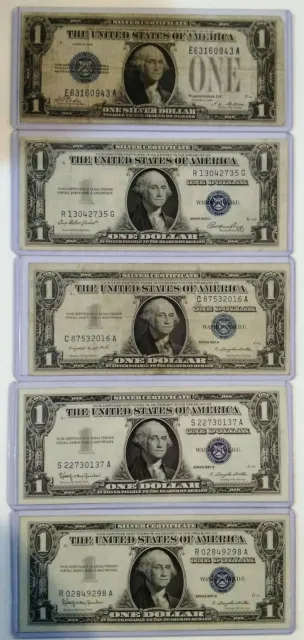 Five $1 Silver Certificates ~ 1928, 1935E, 1957A, 1957B ~ Blue Seal  MG