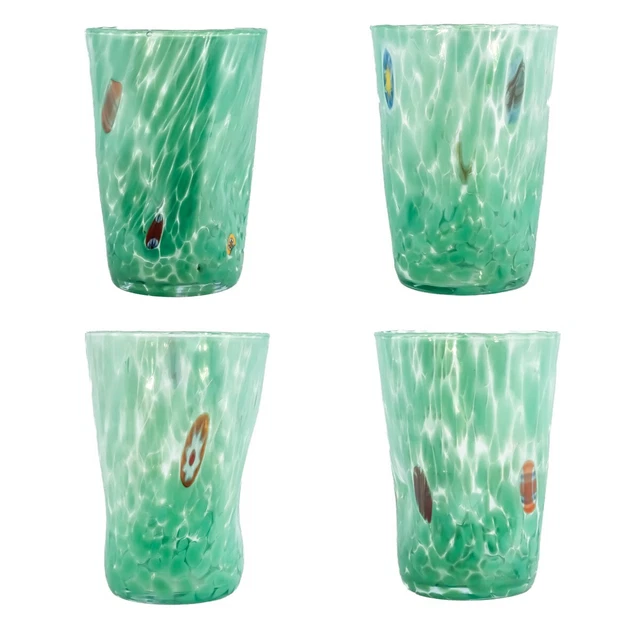 Set of Four 4 Murano Glass Drinking Art Tumblers Green Hand Made Millefiori