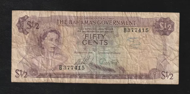 Bahamas, $ 1/2 Dollar - 50 Cents, 1965, P-17a, Prefix B, QEII Banknote