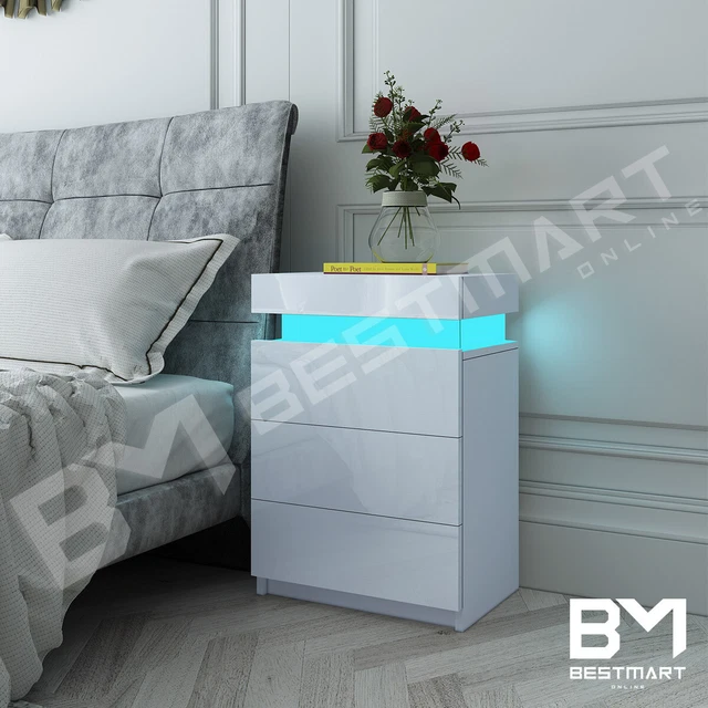 Modern LED Light Bedside Table Gloss 3 Drawer Side Nightstand Bedroom Cabinet WH