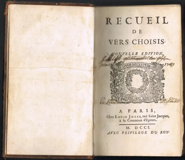 RECUEIL de VERS CHOISIS Ex-Libris Caroli CHABROUD Avocat Édit. Louis JOSSE 1701 3