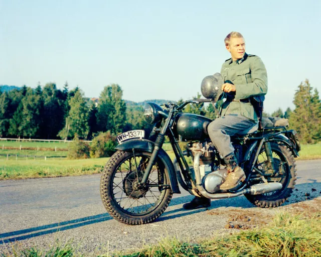 Steve McQueen in The Great Escape holding helmet on motorcycle 16x20 Canvas