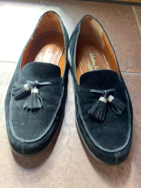 SALVATORE FERRAGAMO TASSEL Loafers Shoes Black Suede Men's 8EE Vintage ...