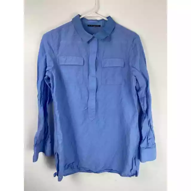 Elie Tahari Linen Blend Popover Shirt Womens S Collar Long Sleeve Pockets Blue
