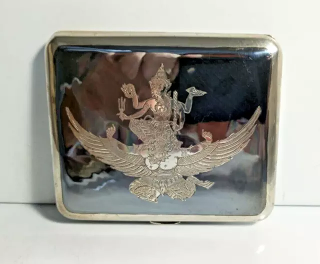 Vintage Siam Solid Sterling Silver Niello, Goddess Cigarette Case  3955/3