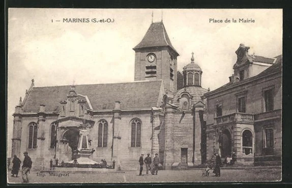CPA Marines, Place de la Mairie, Monument et Eglise