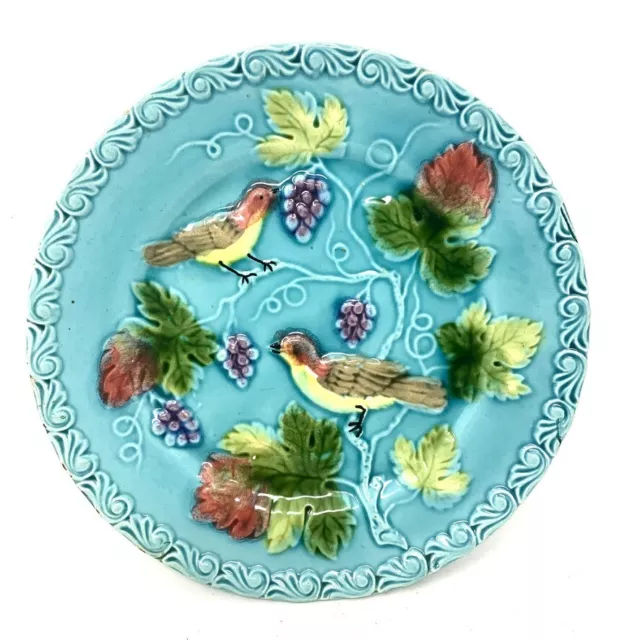 Majolica Plate Dinner Dessert Cheese Grape Berry Bird Turquoise Blue German 9"