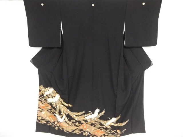 83530# Japanese Kimono / Antique Tomesode / Embroidery / Cranes With Pine &
