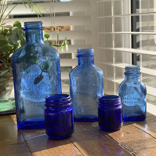 Set of 5 Vintage Victorian Cobalt Blue Old Fashioned Glass Chemist Bottles