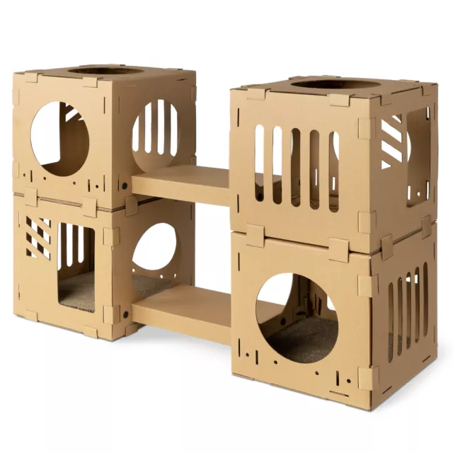 Casa de cartón para gatos DIY de cartón con túneles y 2x rascador para gato