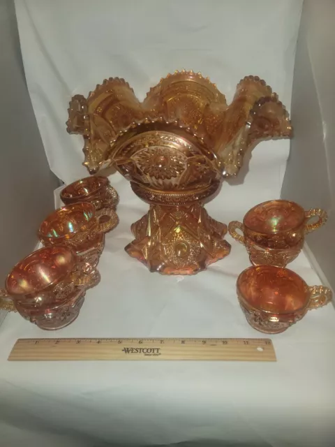 Brilliant Marigold Orange Punch Bowl & Base w 9 Cups Carnival IMPERIAL Glass Set