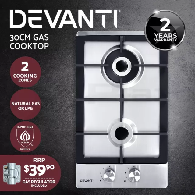 Devanti Gas Cooktop 30cm Gas Stove Cooker 2 Burner Cook Top Konbs NG LPG Steel