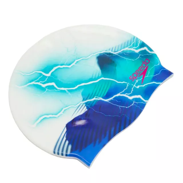 Speedo Digital Printed Silicone Swim Cap - Lightning Blue / White , Silicon Swim