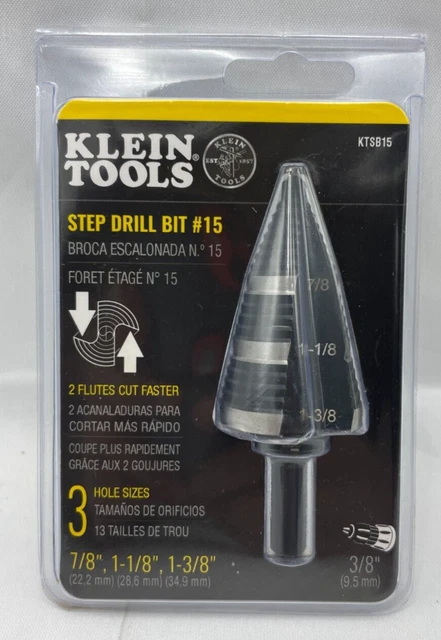 Klein Tools KTSB15 Step Drill Bit #15 3 Hole Sizes: 7/8”, 1-1/8”, 1-3/8” (New)
