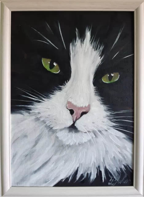 Black Cat Original Painting Pet Art Framed 12 by 9 Cat Green Eyes Oil Painting