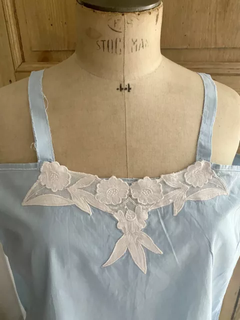 Antique French EMBROIDERED pale blue COTTON NIGHTSHIRT c1920