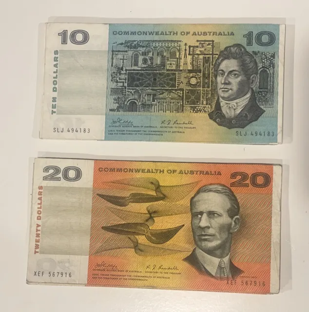 Commonwealth Of Australian $10 Ten & $20 Twenty Dollar Paper ONE OF EACH Circ 💸