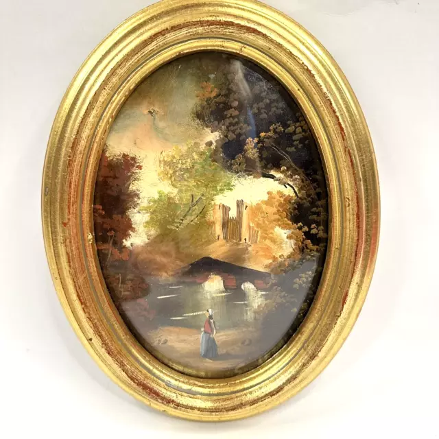 Vtg Painting Gold Oval Frame Convex Bubble Glass Italy Art Landscape Picture