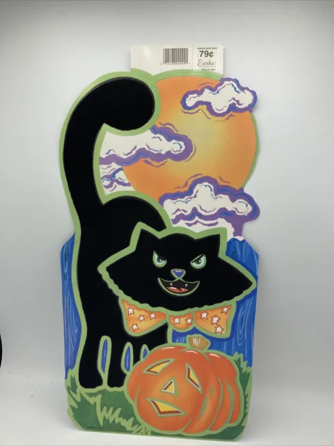 Vtg Eureka Black Cat Pumpkin Moon Halloween Cut Out Decoration Flocked Velvet