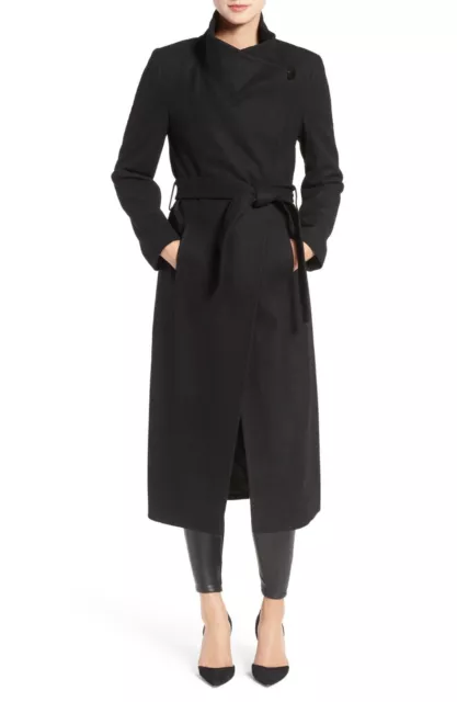 $320 KENNETH COLE NEW YORK Fencer Melton Wool Maxi LONG TRENCH Coat BELT BLACK