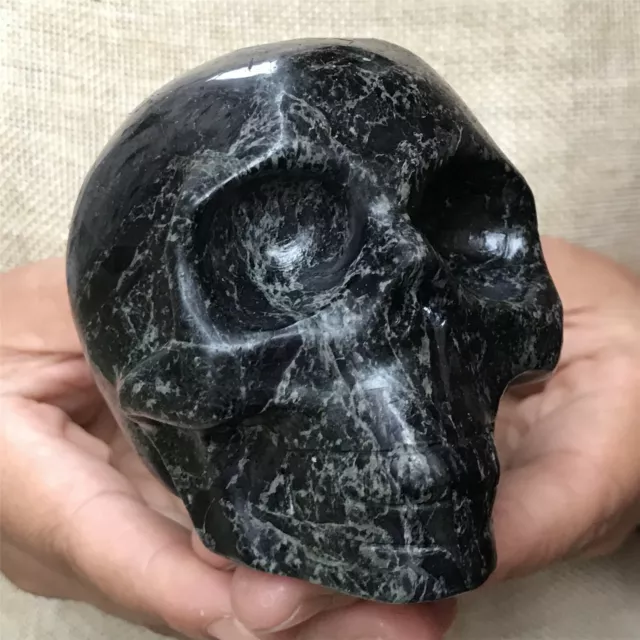 1.34LB Natural Black jade quartz hand carved Crystal skull gem reiki Healing