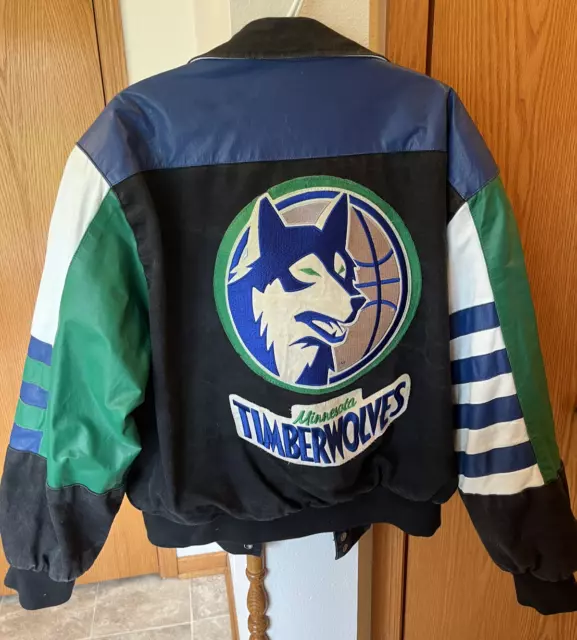 Vintage 1993 Nba Minnesota Timberwolves Leather Black Denim Jacket Large Used