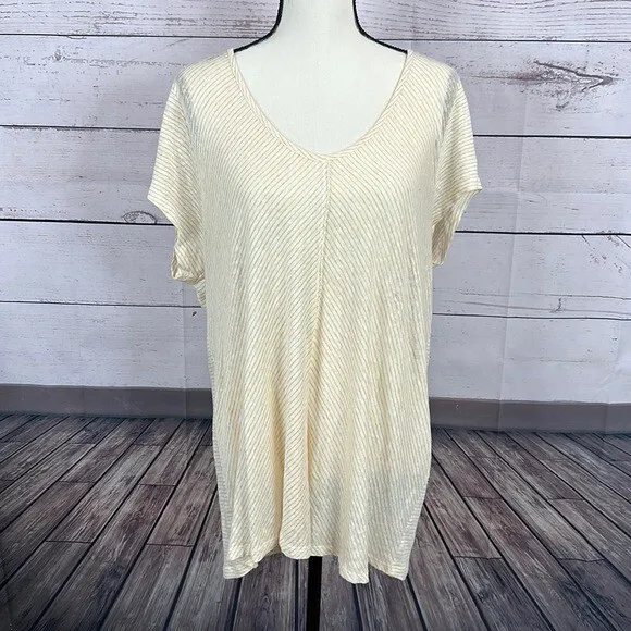 Sundance Womens Tee Shirt Top size XL White Yellow Striped linen Short Sleeve