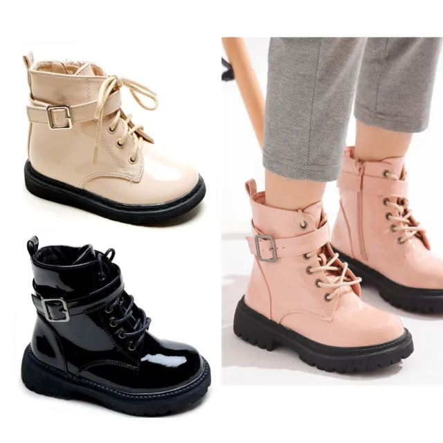 Girls Ankle Boots Kids Children Biker Military Combat Shiny Zip School Shoe Size