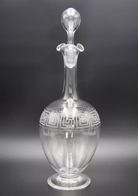 Antique Late 19th Century Hand Blown Decanter with Etched Grecian Key Pattern