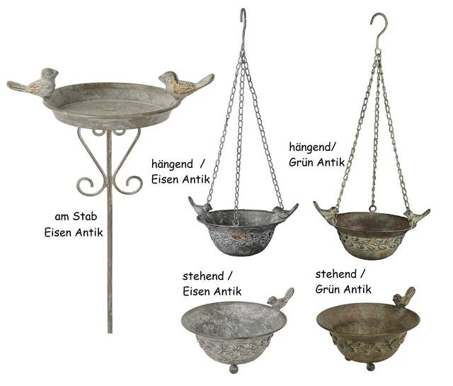 Vogeltränke / Vogelbad stehend, hängend, am Stab, Antik Design Metall Auswahl