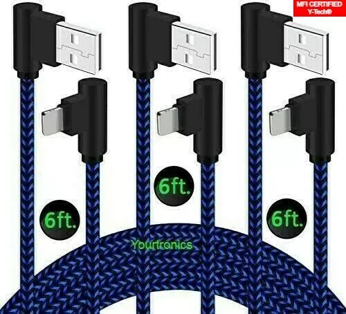 3 PACK 6ft 90 Degree Angle Fast Charging Cable Rapid Charger Charge Sync Cord