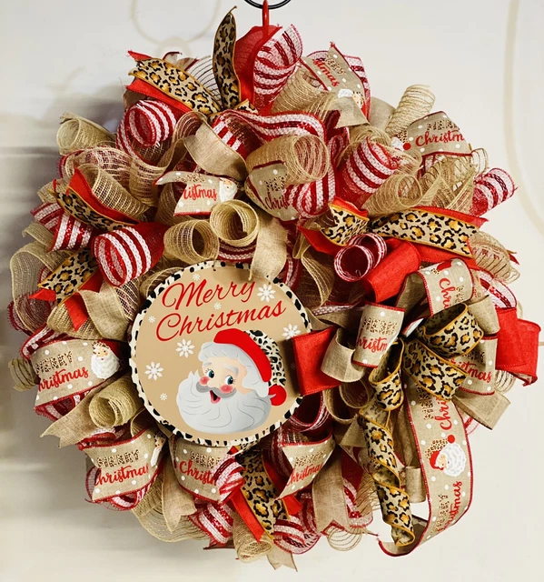 Santa & Leopard Print Handmade Deco Mesh Wreath W/ Ribbons & Sign. One Of A Kind