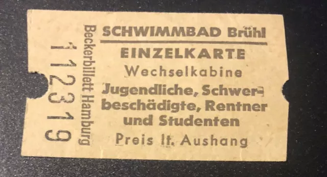Eintrittskarte Schwimmbad Brühl Baden Deutschland Germany Rhein-Neckar ca. 1980