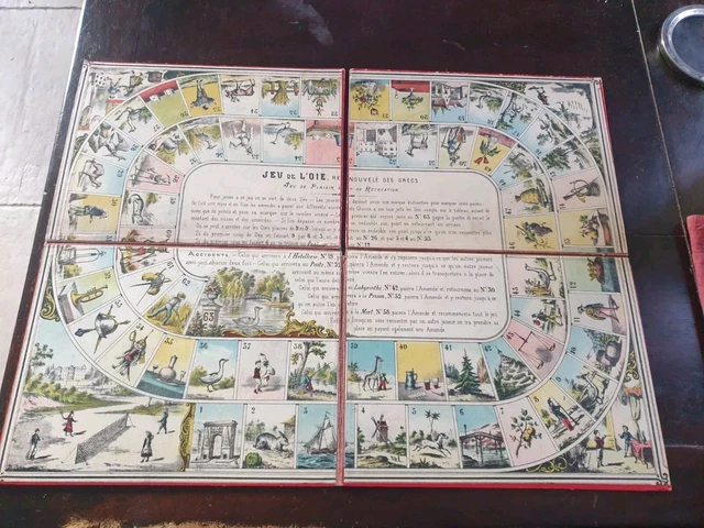 Plateau De Jeu De L'Oie Ancien C.1890 Par Saussine - Chromolithographie « Gare Aux Trou » | Jeu Vintage Rare, état D'usage