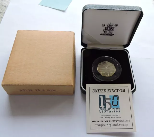 2000 Royal Mint Silver Proof 50p 150 Years Of Public Libraries Cased W/COA/Outer