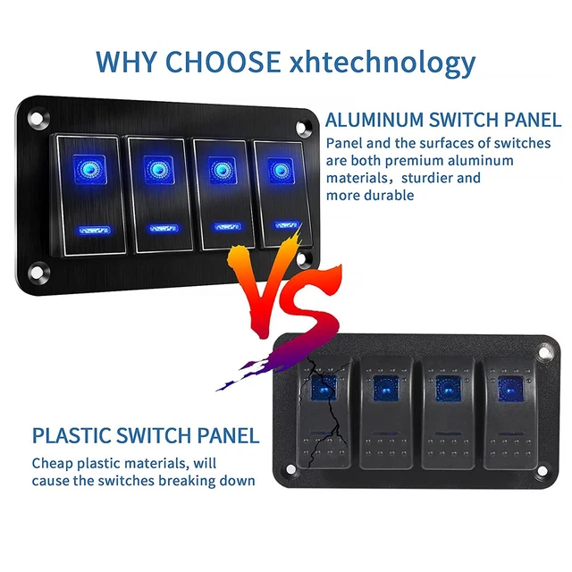 4 GANG ROCKER Switch Panel Aluminum Alloy DC12V-24V Pre-Wired Toggle ...