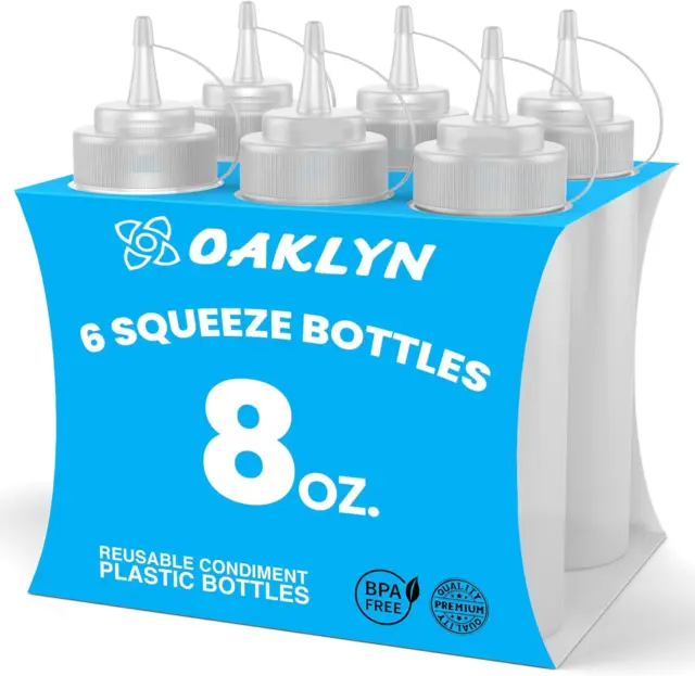 Squeeze Bottles 8Oz 6 Pack - Reusable Condiment Bottles for Sauces Liquids Bpa-F