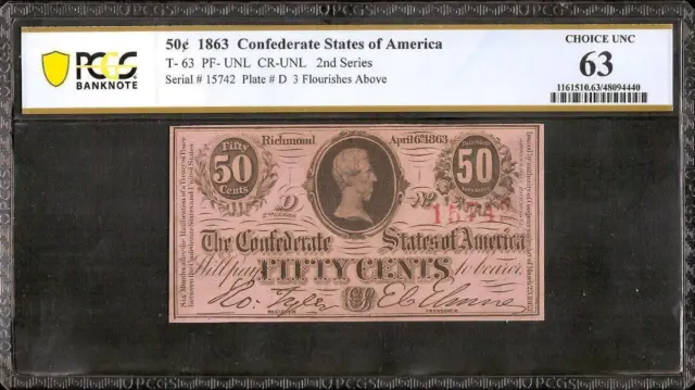 1863 Confederate 50 Cent Note Civil War Fractional Currency Money T63 Pcgs 63