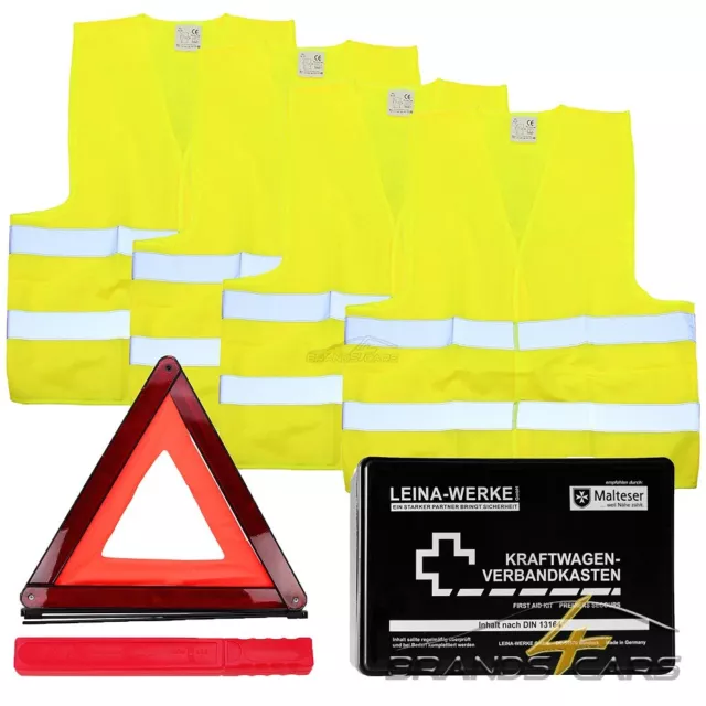 KIT PRONTO SOCCORSO INCL. SCATOLE DI COLLEGAMENTO LINO 4x GIUBBOTTO DI AVVERTIMENTO HP + TRIANGOLO DI AVVERTIMENTO LINO